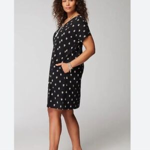 Pure Jill Soft Organic Cotton V-neck T-shirt Dress Black Combo Oversized XSP